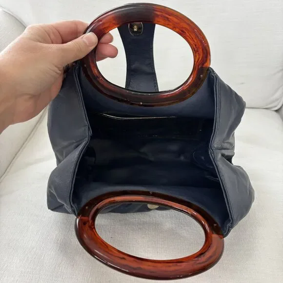 Vintage JR Florida USA Navy Blue Handbag Purse Bakelite Handles MCM Mod 50s 60s - Picture 8 of 15